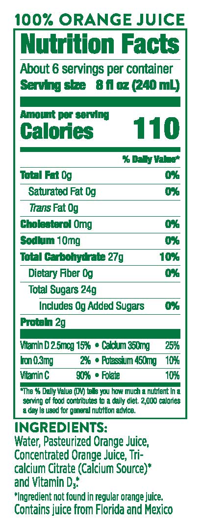 Nutritional value on sale of orange juice